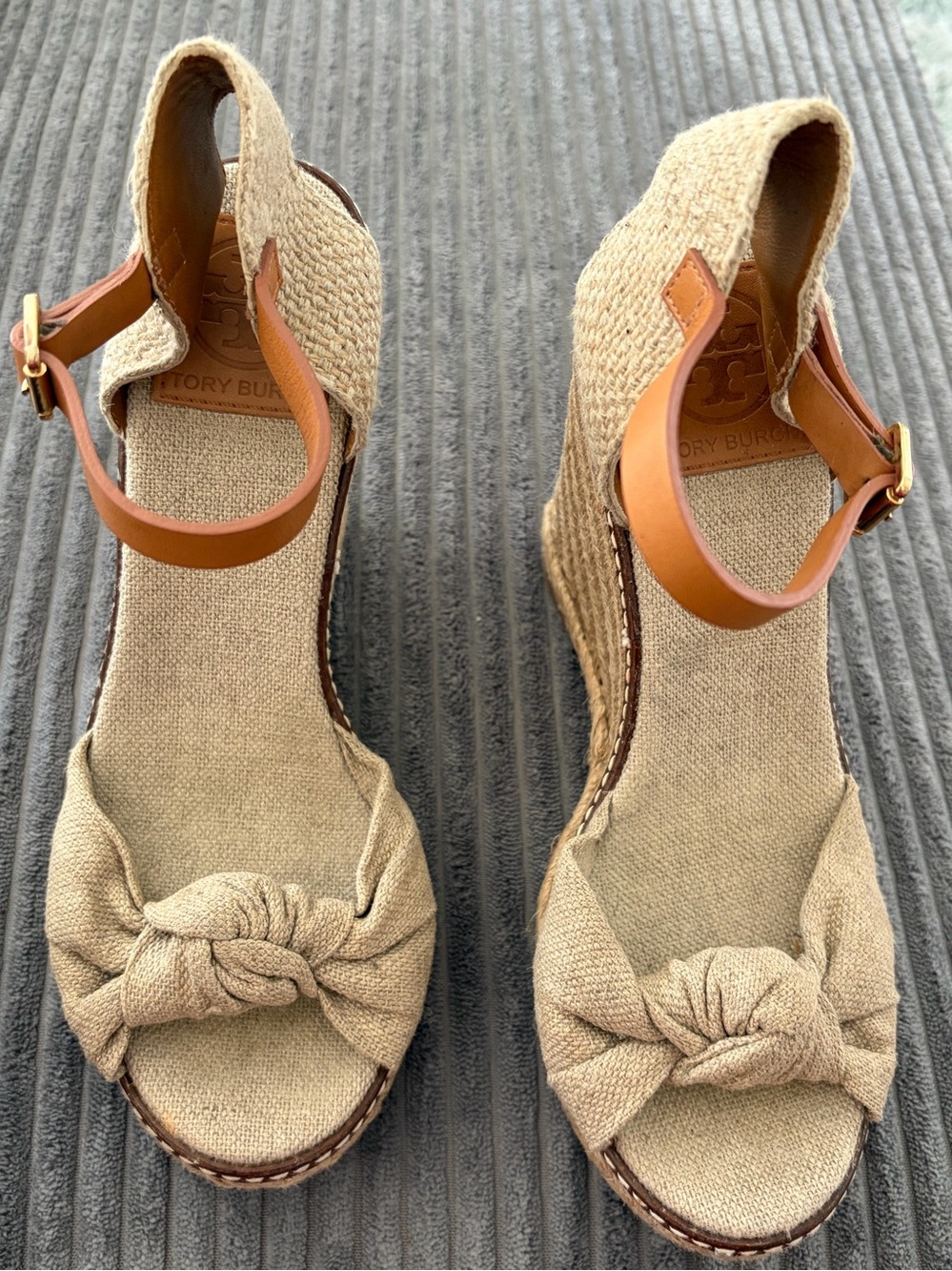 Tory Burch Beige Espadrille Wedge Sandals with Tan Ankle Strap - Picture 4 of 6